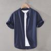Мужская рубашка из хлопка и льна с коротким рукавом и воротником-стойкой в японском стиле - повседневная летняя одежда нейтрального цвета