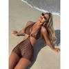 Sexy Brown Shiny Halter Backless Swimwear One Piece Swimsuit Women Shorts Bathing Swimming Suit Metal Ring