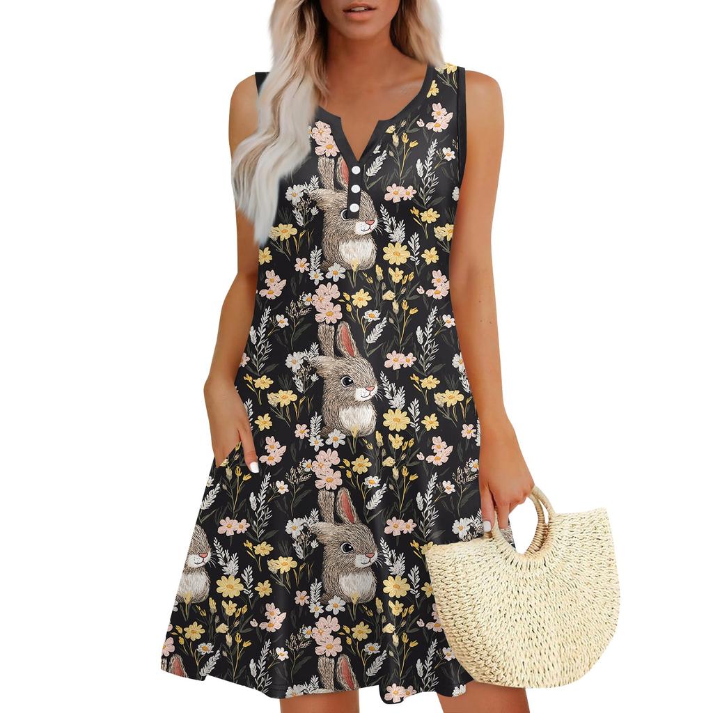 Женское повседневное платье-жилет с V-образным вырезом и боковыми карманами на пуговицах и пасхальным принтом