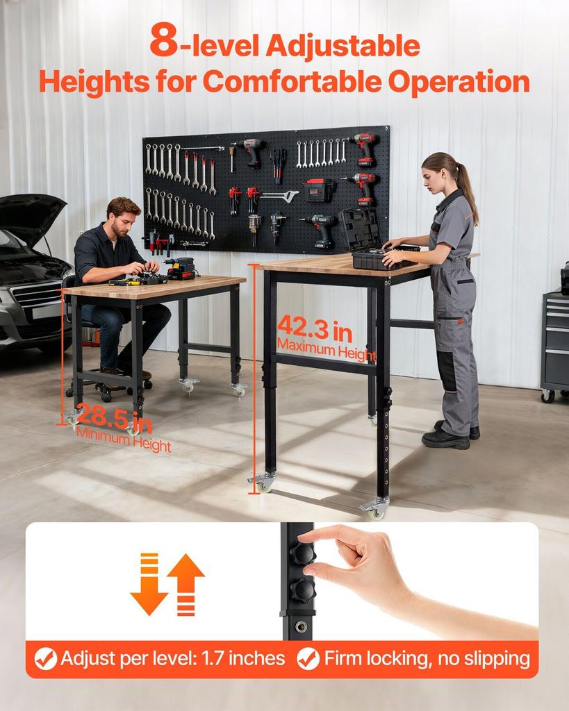 Adjustable Workbench on Wheels, 680 kg Capacity, 122 x 60 cm Oak Wood Top Workbench with 72.5-107.5 Height Adjustment, Heavy-Duty Hardwood Worktable
