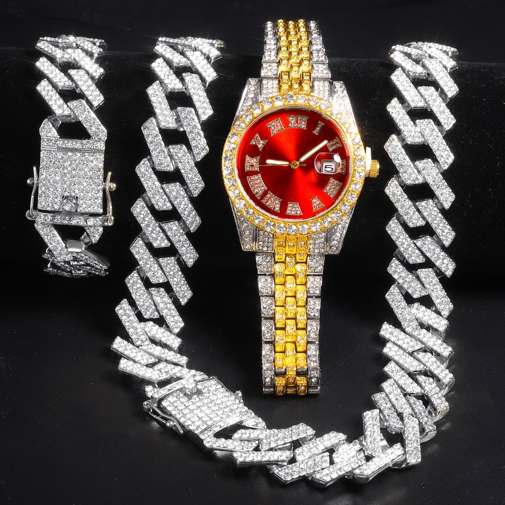 Новые часы Iced Out, мужские кубинские звенья, браслет-цепочка, ожерелье, колье, блестящие ювелирные изделия, мужские большие золотые цепочки, комплект часов в стиле хип-хоп, панк