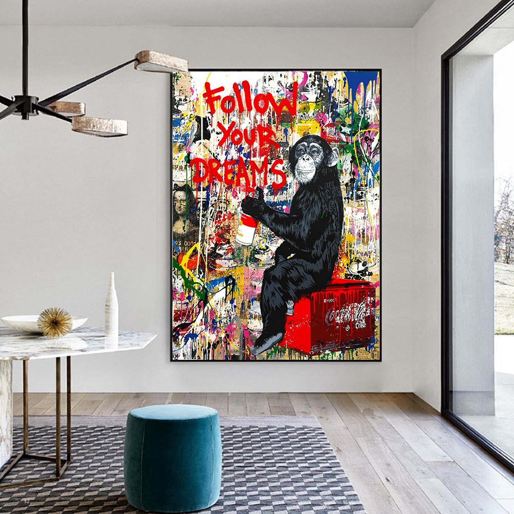 Следуйте за своей мечтой, граффити, художественные постеры и принты, Бэнкси, обезьяна, уличное искусство, современные модные картины на холсте для гостиной