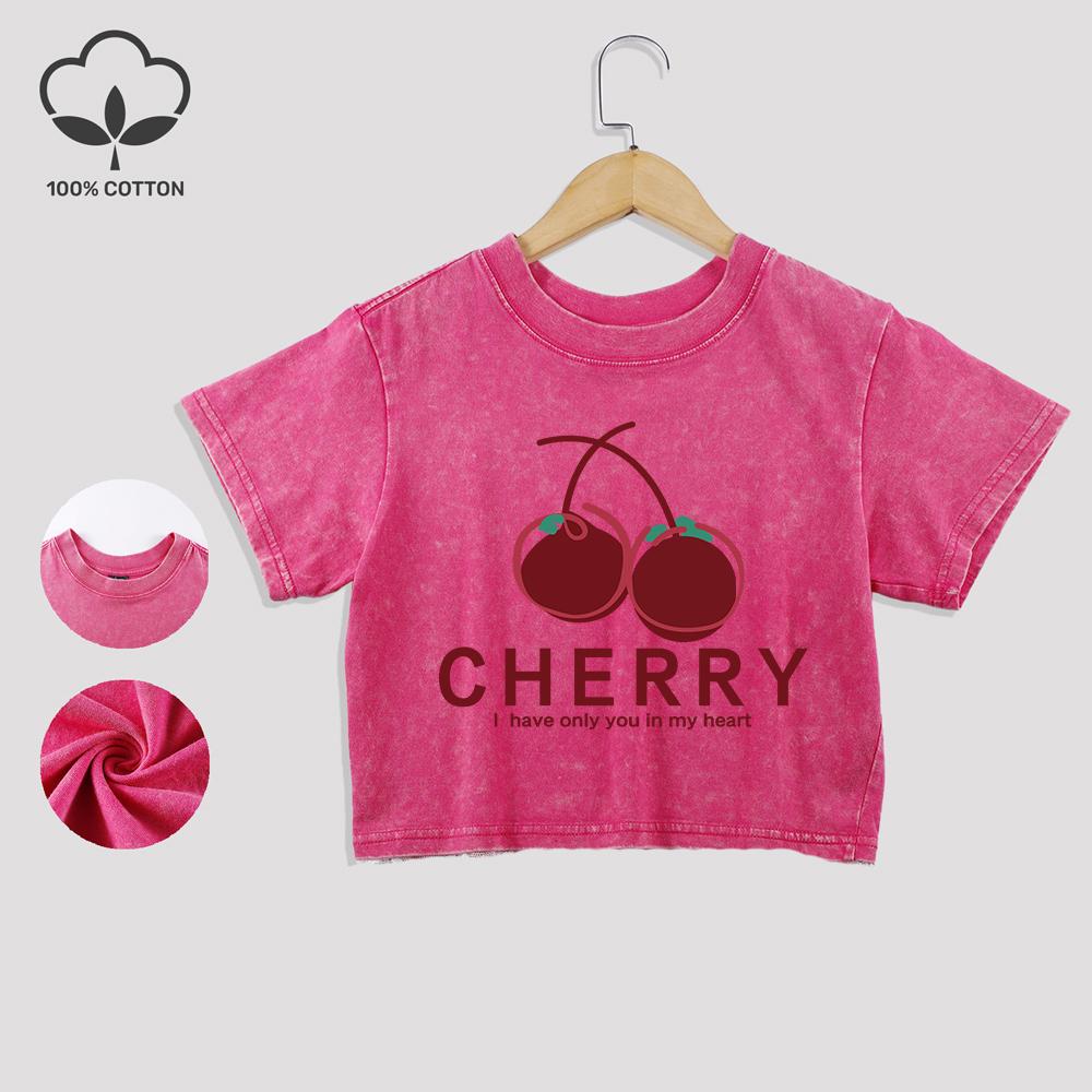 Хлопковые кроп-топы с иллюстрацией вишни, летние, с кружевной отделкой по низу, выстиранные футболки, обычная посадка, круглый вырез, короткий рукав, повседневная одежда