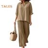 Women's Cotton Linen 2 Piece Set Casual Lapel V Neck Short Sleeve Top Wide Leg Pants Set Summer Loose Lounge Outfits