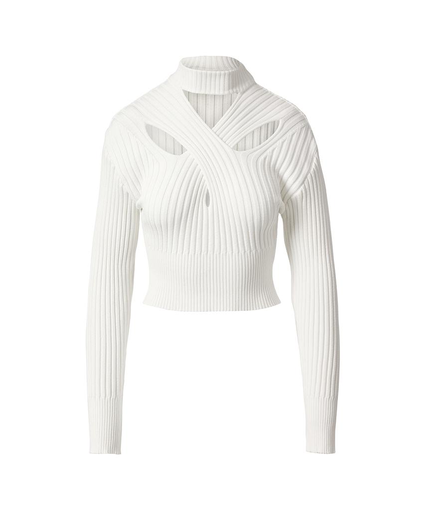 DRAE Cross-Cutout Ribbed-Knit Sweater_White
