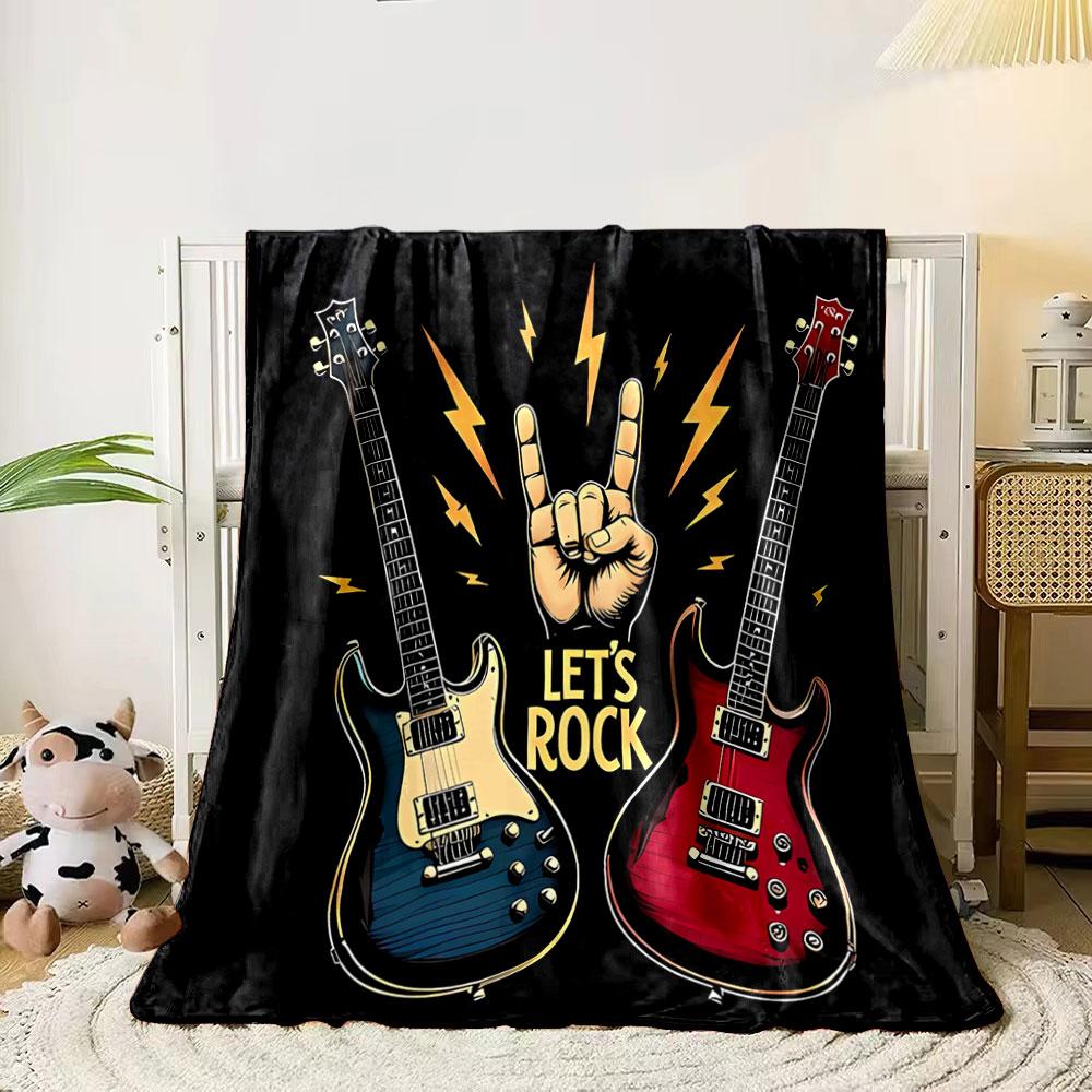 Two electric guitars, hand sign, lightning bolts, and "Let's Rock" text. for all seasons blanket lunch break throw gift