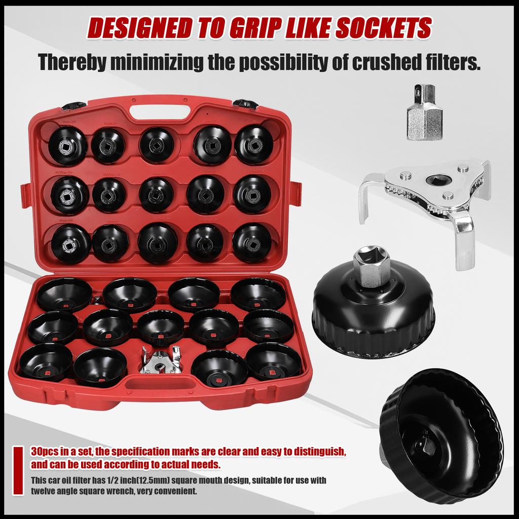 30Pcs Oil Filter Captype Removal Wrench Socket Set 12inch 12.5mm Mouth Car Fuel Filter Remover