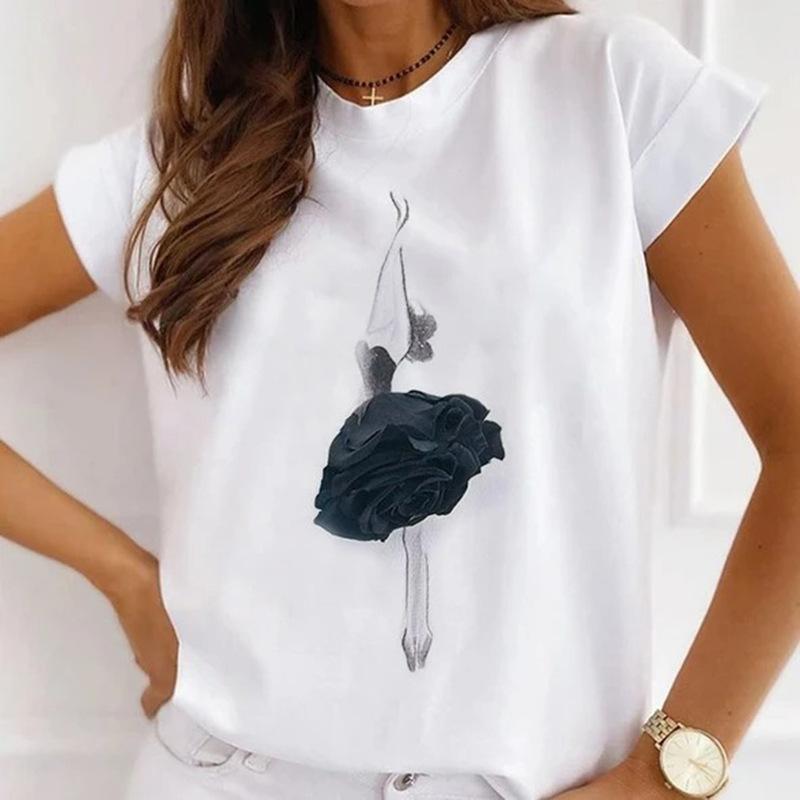 Модная креативная женская футболка с 3D рисунком розы 90-х годов, летняя блузка, свободные футболки с короткими рукавами, белые женские топы с круглым вырезом, одежда