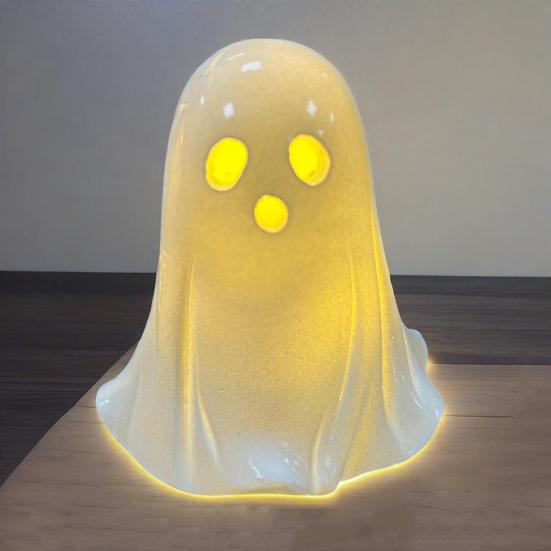 Resin Light-up Ghost Halloween Decor Little White Ghost Figurine Cute Glowing Ghost Statue for Home Table Tiered Tray Decor