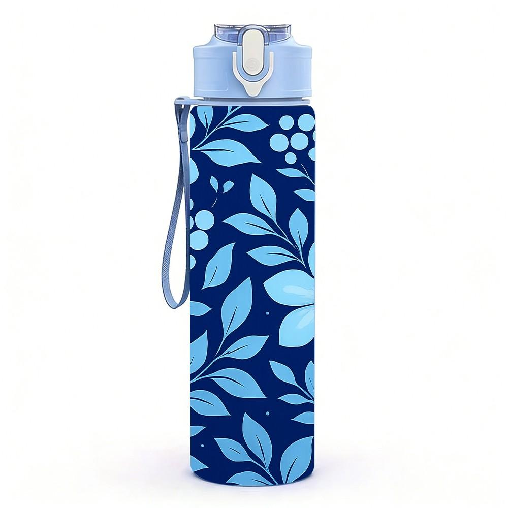 1PC Dark Blue Small Floral Seamless Print 750ml Color Plastic Sports Water Bottle Leakproof Flip Straw Lid Suitable for Sports Office Home Use