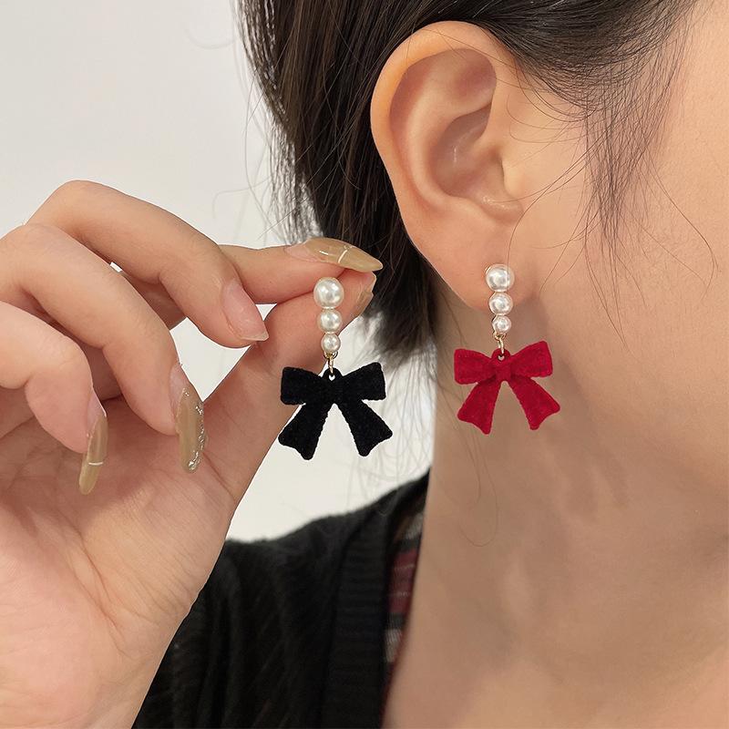 1pair Red Black Bowtie Earrings for Women Girls Simulated Pearl Cloth Bow Tie Earrings Jewelry Ear Accessories Beautiful Gifts
