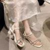 Однословные женские сандалии на толстом хрустальном каблуке 2025 новая модная бант фея стиль красивые с открытым носком простые