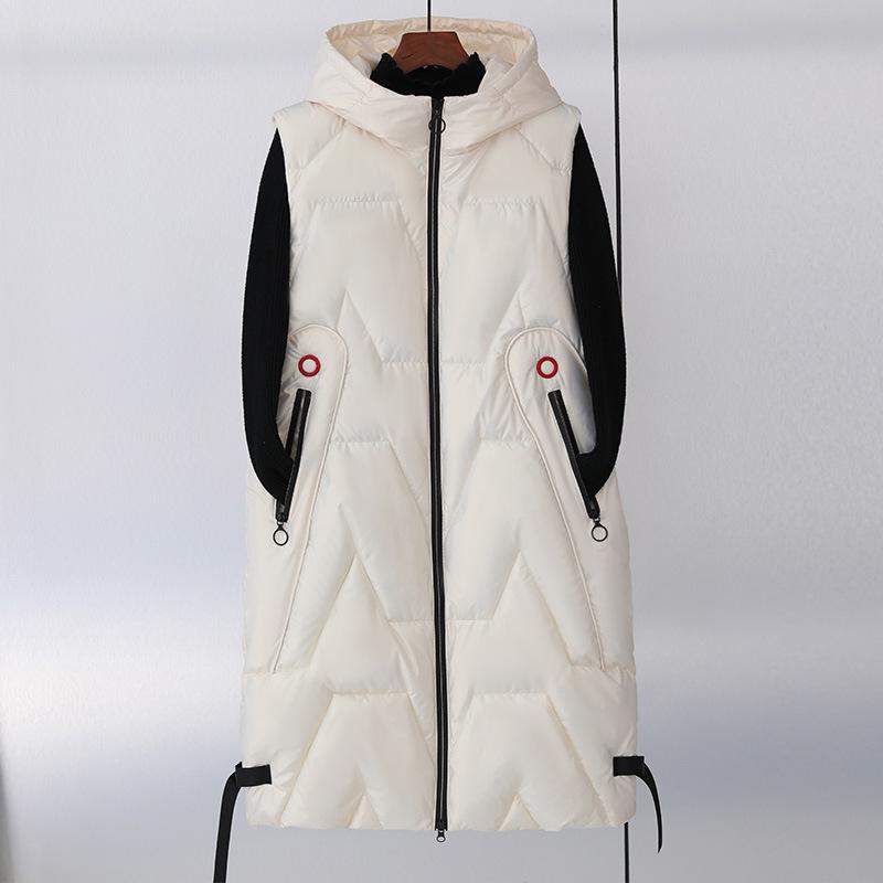 Women's Autumn and Winter Long Warm Vest Puffy Zipper Warm Vest Hooded Lined Padded Cotton Vests