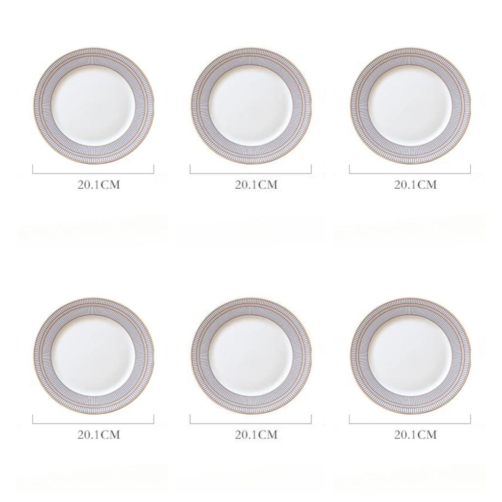 Fine Bone China Dinner Plates Sets, Light Luxury Tableware Stripe Pattern Gilt Edged Porcelain Dinnerware Round Set of 6