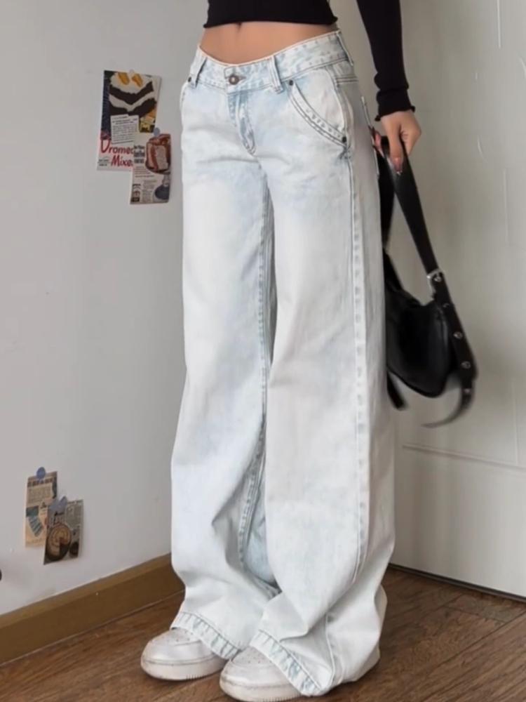 Американские винтажные потертые джинсы High Street, женские, весна-осень, с низкой талией, тонкие, широкие брюки, модный дизайн 2000-х годов, повседневные длинные брюки