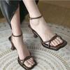 Fashion 2025 Summer Narrow Band Heel Sandals Women Thick Heel 7 CM Ankle Strap Fashion Square Toe Ladies Dress Sandalias Women's Shoes