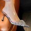 Баотоу прозрачные сандалии женственность бант кристалл тонкий каблук острый носок стразы высокие каблуки