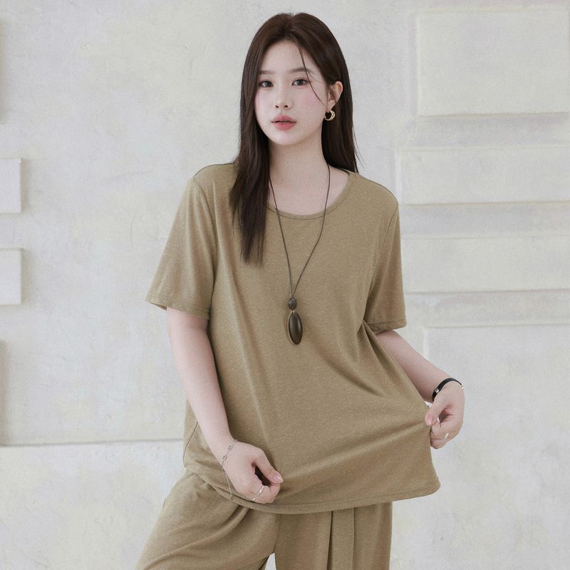 Plus-Size Women's Clothing for Slightly Chubby Girls, Casual Style Linen Vest, Cardigan, T-Shirt, and Pants Three-Piece Set