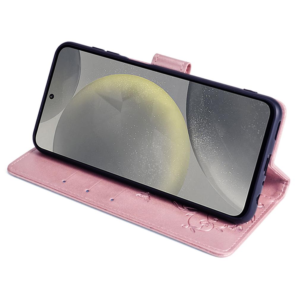 Чехол-кошелек из кожи с тиснением-бабочкой для Samsung Galaxy S24+ с ремешком на запястье