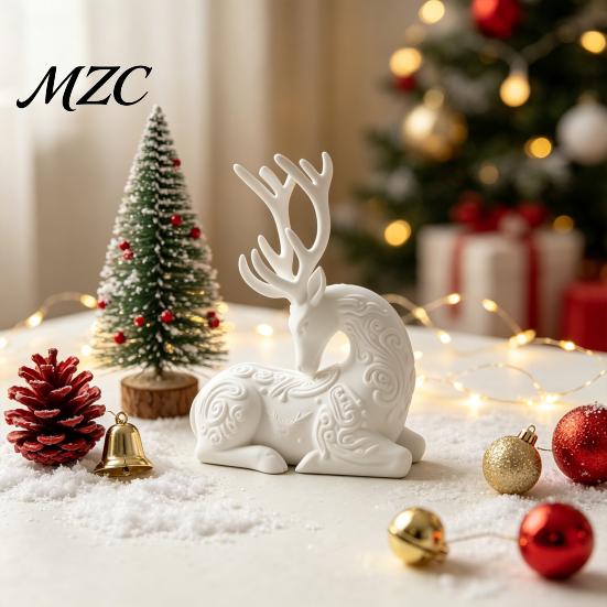 Durable PLA Crafts 3D Printed Deer Figurine, White Sitting Stag Sculpture with Antlers, Minimalist Room Decor Christmas Tabletop for Home Living