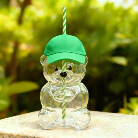 Teddy Bear Glass Sippy Cup with Straw BPA-Free 580ml Large Capacity Glass Tumbler for Cold Drinks Homemade Beverage Container