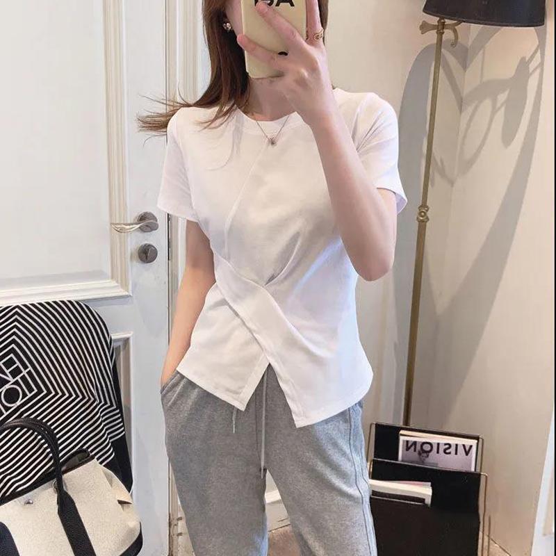 Весенне-летняя женская хлопковая футболка с короткими рукавами и нерегулярным разрезом, женский топ больших размеров