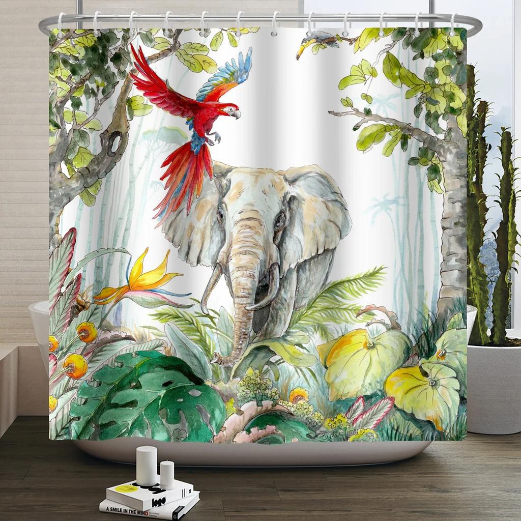 Шторка для душа Лесные животные джунгли Деревья Растения Дикая природа Птица Медведь Лось Лиса Олень Олень Современный Минималистичный Детская Ванная Шторка для душа