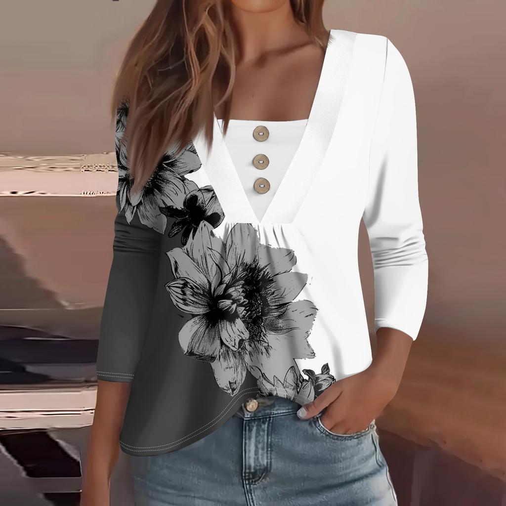 Women's Fashion Casual Long Sleeve Shirt Floral Printed Button V Neck Up Tops
