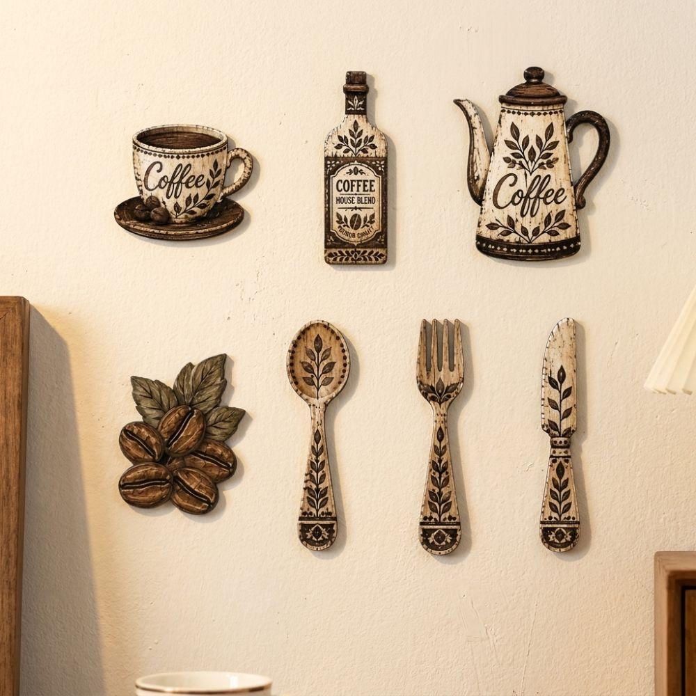 7Pcs Vintage Floral Coffee Element Wall Plaques Coffee Themed Dining Room Wall Decor Set Cafe