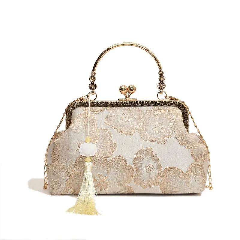 Vintage Embroidered Shoulder Bag Elegant Retro Tassel Small Square Wedding Party Handbag Luxury Designer Women Evening Clutch
