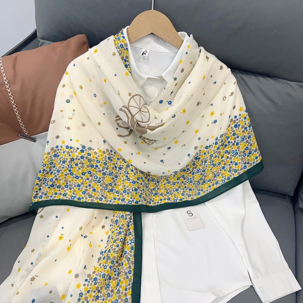 Elegant Small Flower Mist Blue Autumn Scarf Women's New Cotton and Linen Shawl Simple Temperament Yarn Scarf Warm Decorative Scarf