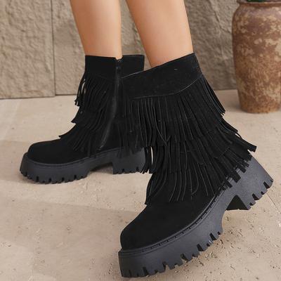 Модные женские сапоги 2024 года, новые зимние теплые ковбойские сапоги в стиле вестерн, женские однотонные универсальные туфли с круглым носком на низком каблуке с кисточками для женщин