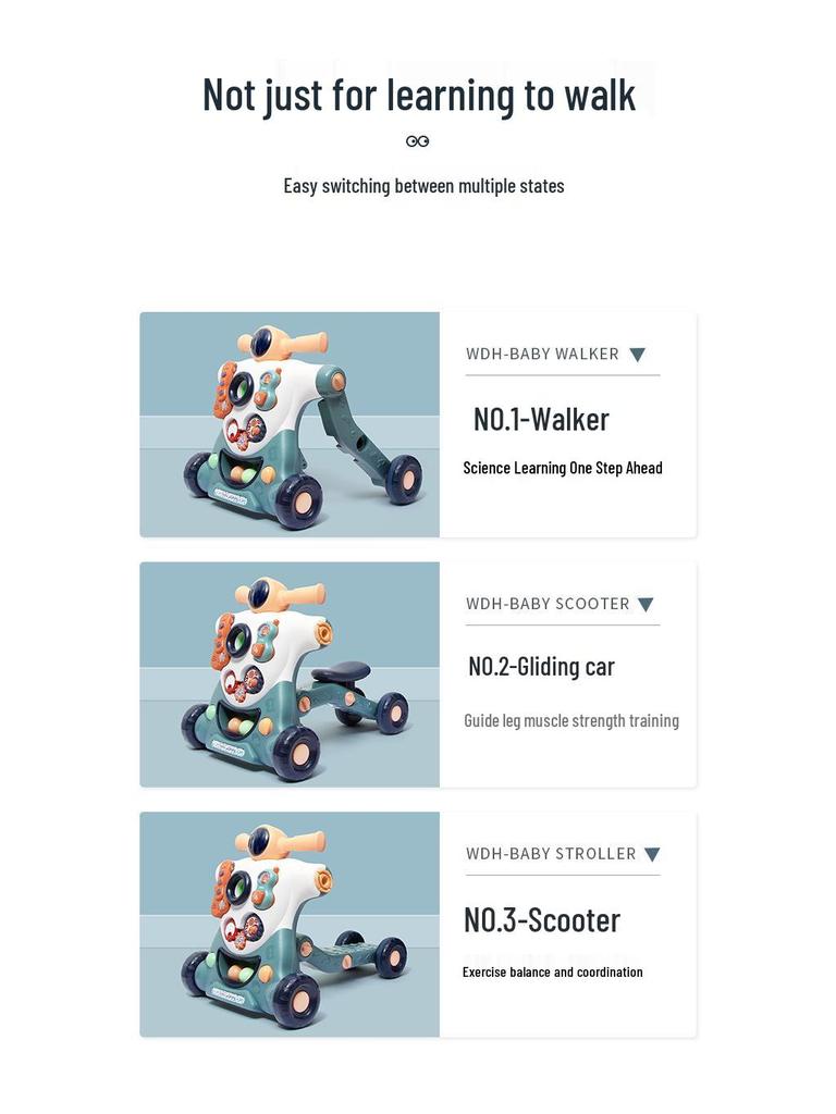 Регулируемая 3-в-1 детская ходунка и игрушка-коляска для толкания для детей в возрасте 0-3 лет