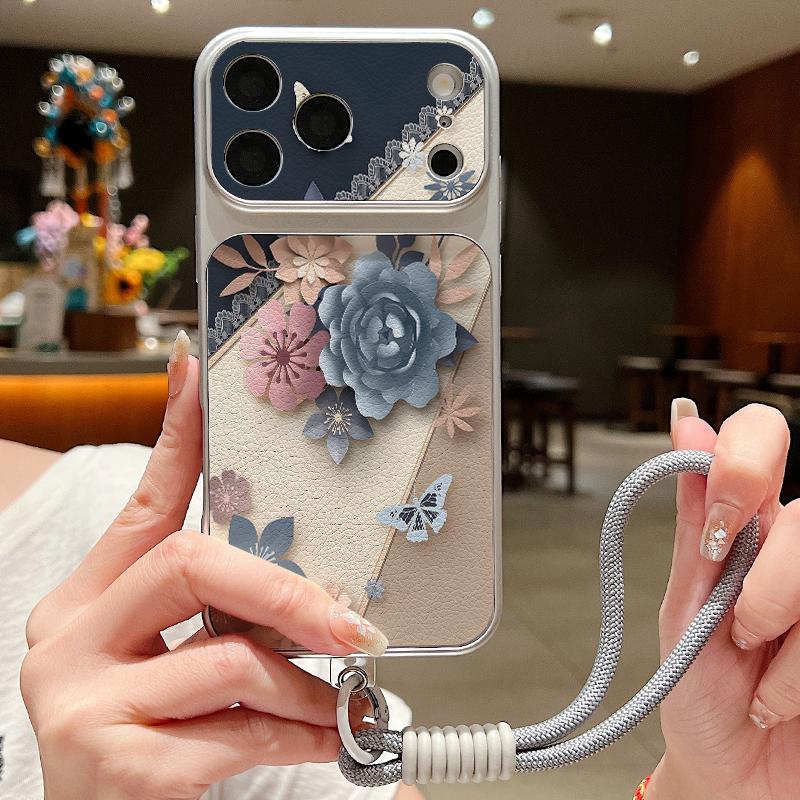Романтичный Чехол-Ремешок из Кожи с Рисунком Цветов Роз Для iPhone 18 Pro Max Гибридный Мягкий Противоскользящий Чехол из TPU+PU Для iPhone 17 16 15 14 13 Pro Max