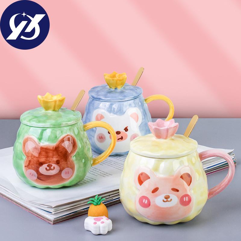 Креативная мультяшная чашка с медведем, керамическая кружка с ручной росписью и крышкой, пара, чашка для кофе, молока, домашнего офиса, логотип