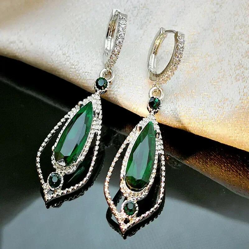 Fashionable Banquet Elegant Emerald Cubic Zirconia Earrings, High-end Inlaid Wedding Style Swaying Zircon Accessories