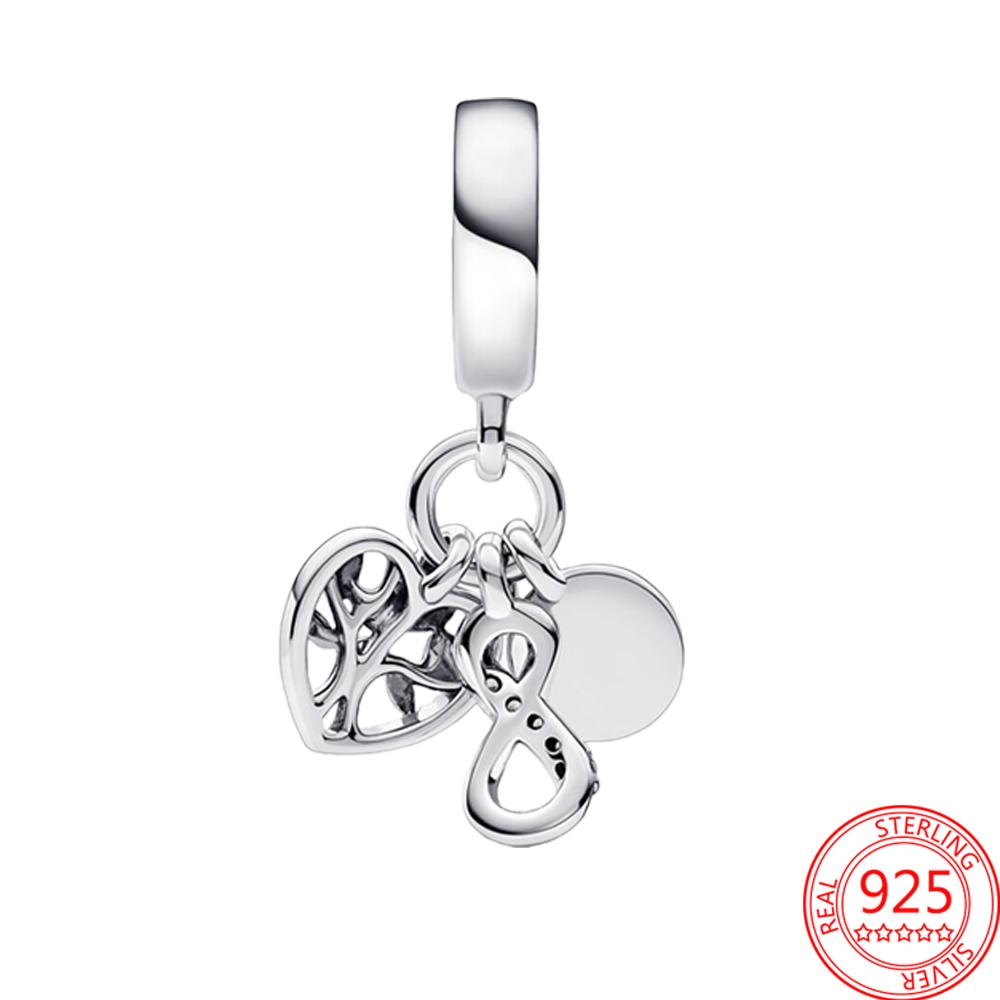 Аутентичные серебряные бусины S925, подходят для браслета, тройной подвесной кулон в виде дерева для женщин, ювелирные изделия, подарок