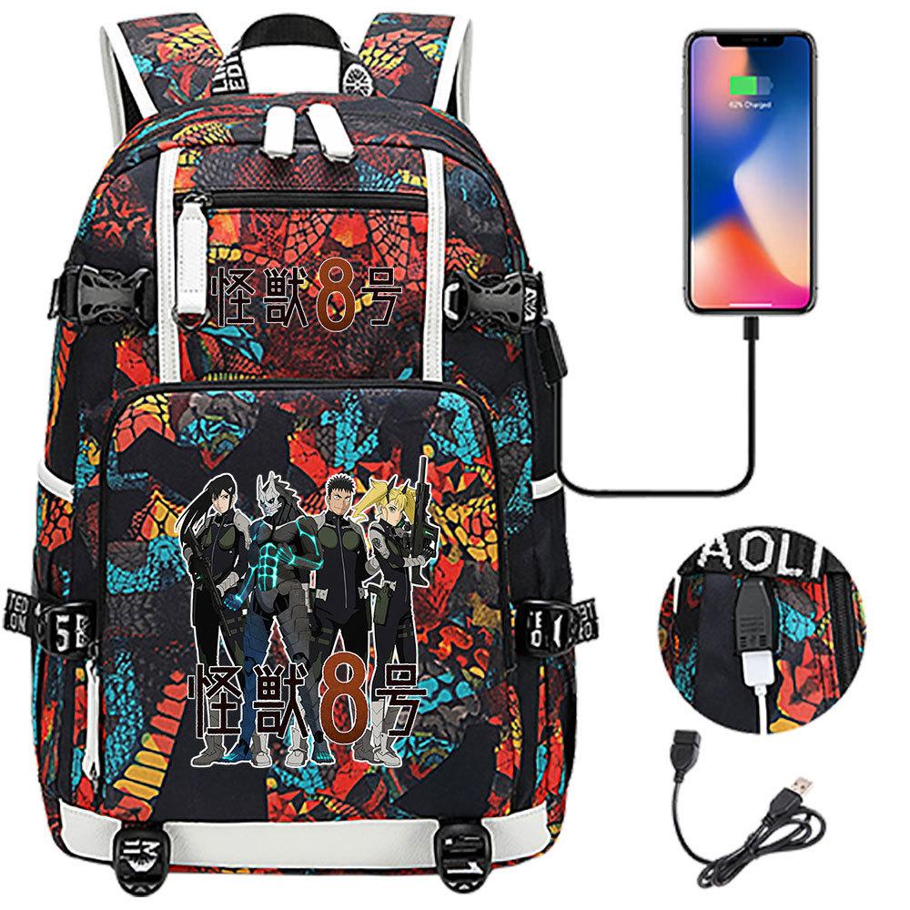 Kaiju No. 8 Printed USB Port Backpack Youth Student School Bag Large Capacity Travel Daypack