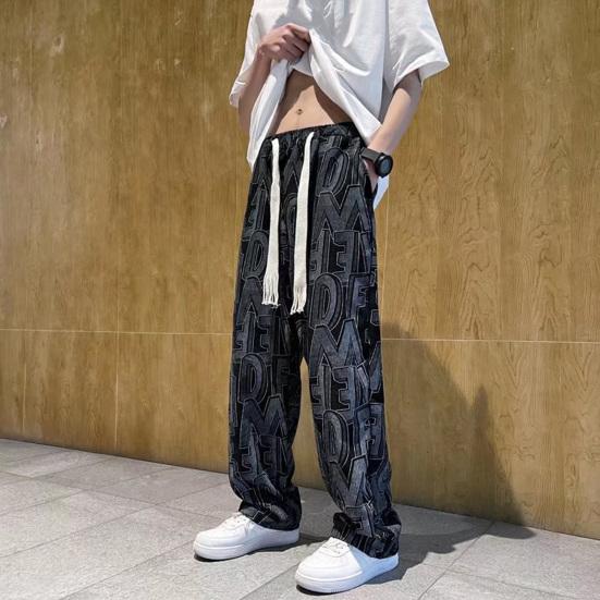 Men Pants Elastic Waist Adjustable Drawstring Wide Leg Casual Trousers with Pockets Letter Print Corduroy Pants