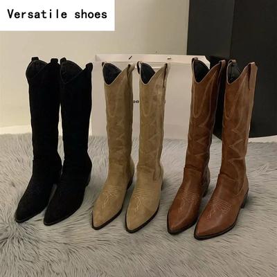 Женские ковбойские сапоги, модные женские элегантные длинные ботильоны без шнуровки на квадратном низком каблуке, зимняя женская обувь с острым носком