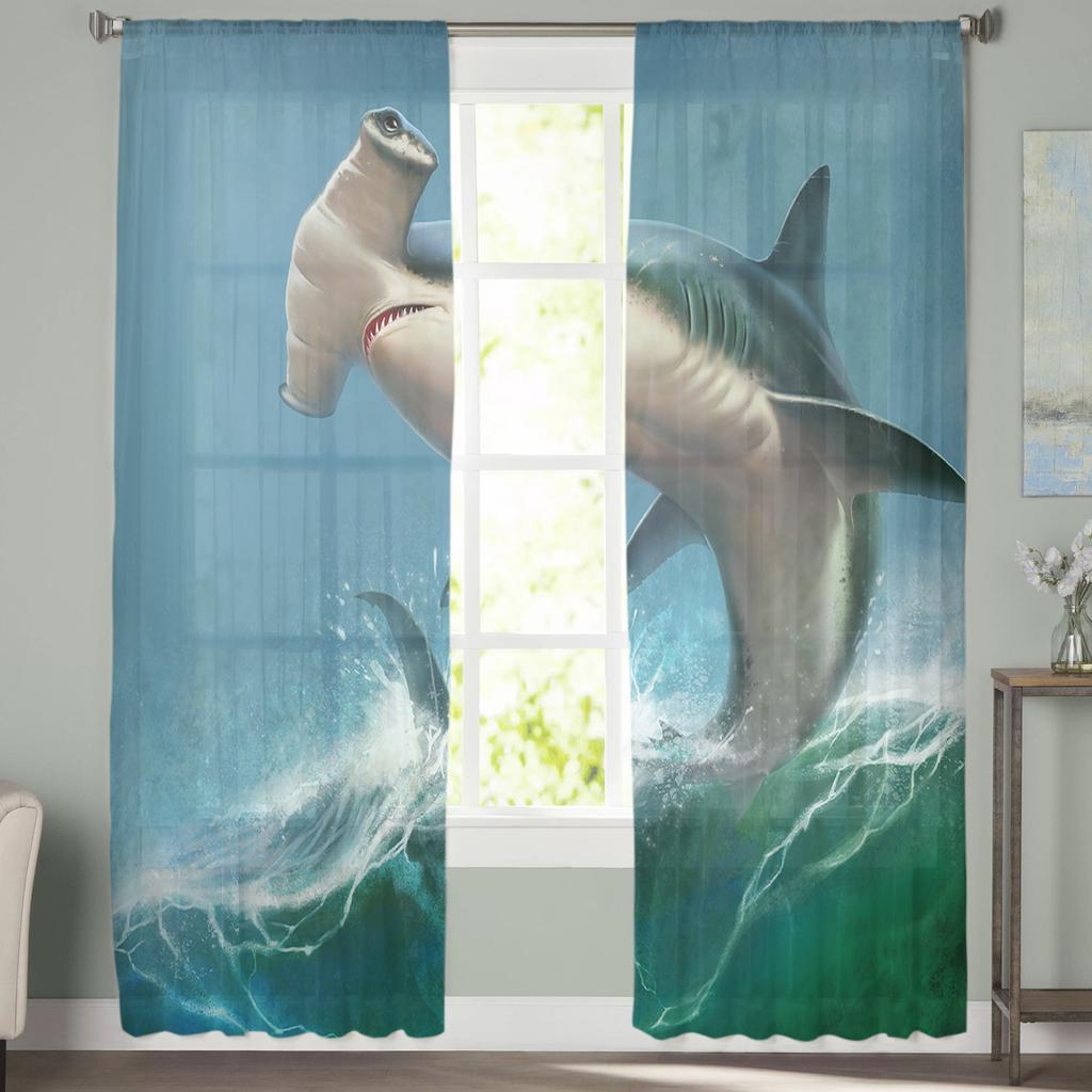 Ocean Wave Spray Shark Modern Tulle Curtains For Living Room Bedroom Home Kitchen Window Sheer Curtains