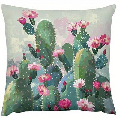 Short Plush Material Pillowcasehome Decor Cactus With Pink Flowers Floral Pattern Cushion Pattern Cushion Cover Suitable For Sof