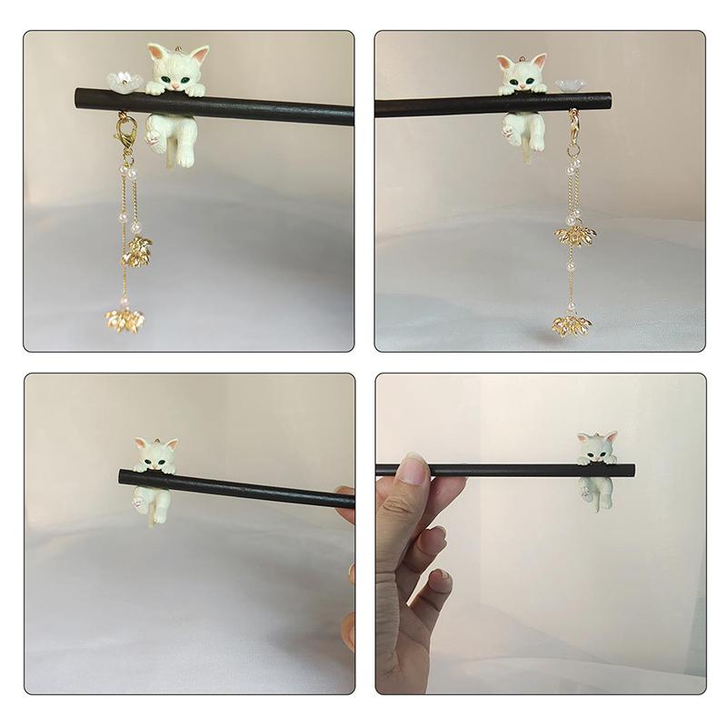 Черные эбеновые деревянные палочки для волос женские в китайском стиле милая подвеска в виде кошки винтажная заколка для волос ханьфу ципао головной убор