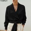 Men Spring Long Sleeve Front Cross Lapel Bandage Loose Tops