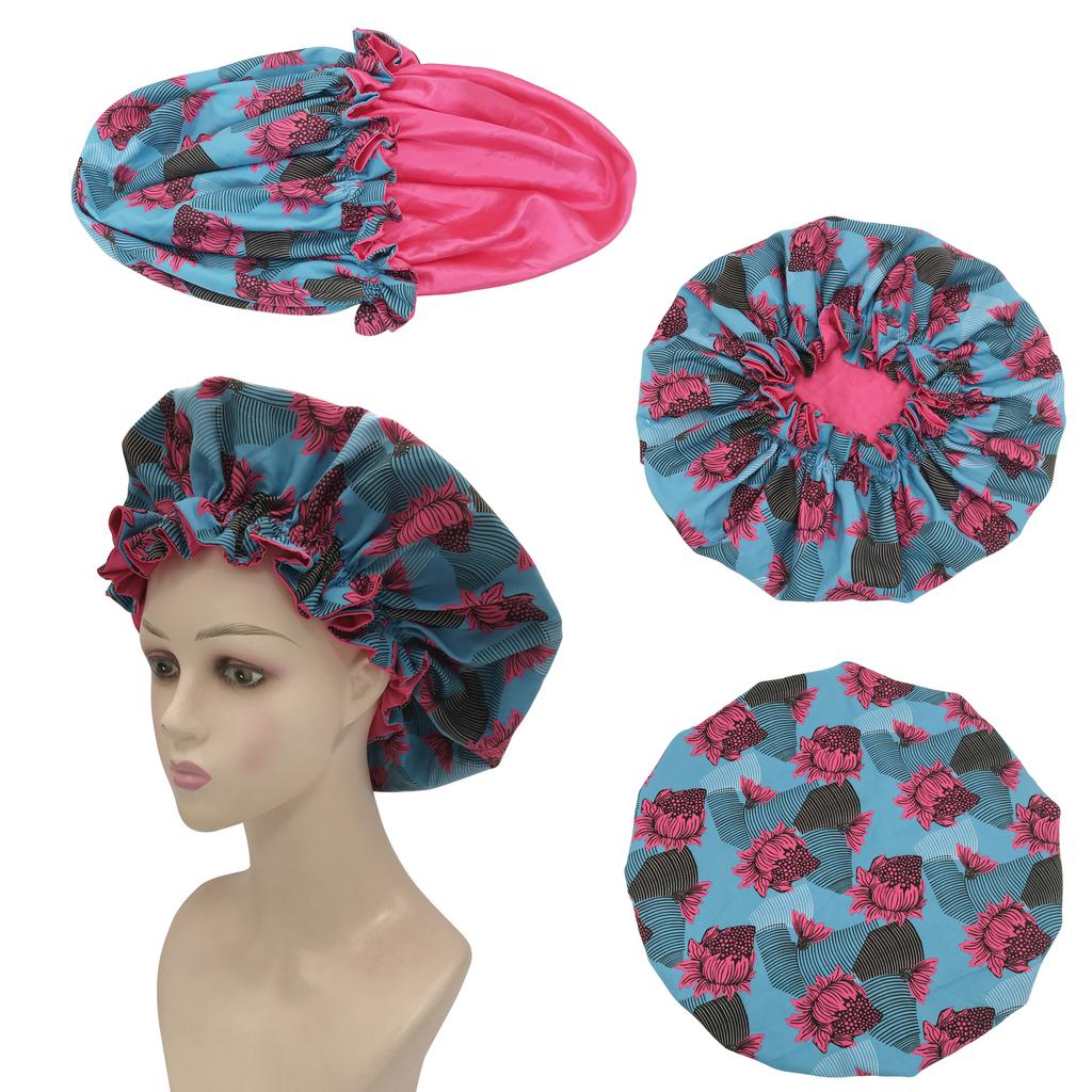 Fashion Cute Style Hat African Ankara Pattern Bonnet Double Layer Satin Hair Bonnet Silk Flower Bonnets for Woman