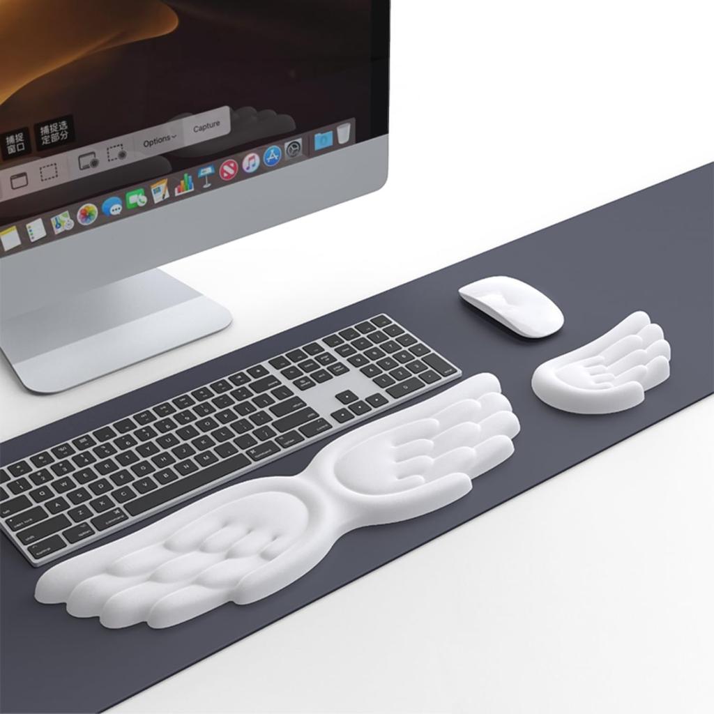 Angel Wing Wrist Rest Ergonomic Memory Foam Wrist Rest for Computer Keyboard Mouse Set, Cute Gaming Keyboard Cushion Hand Support PU Leather Surface