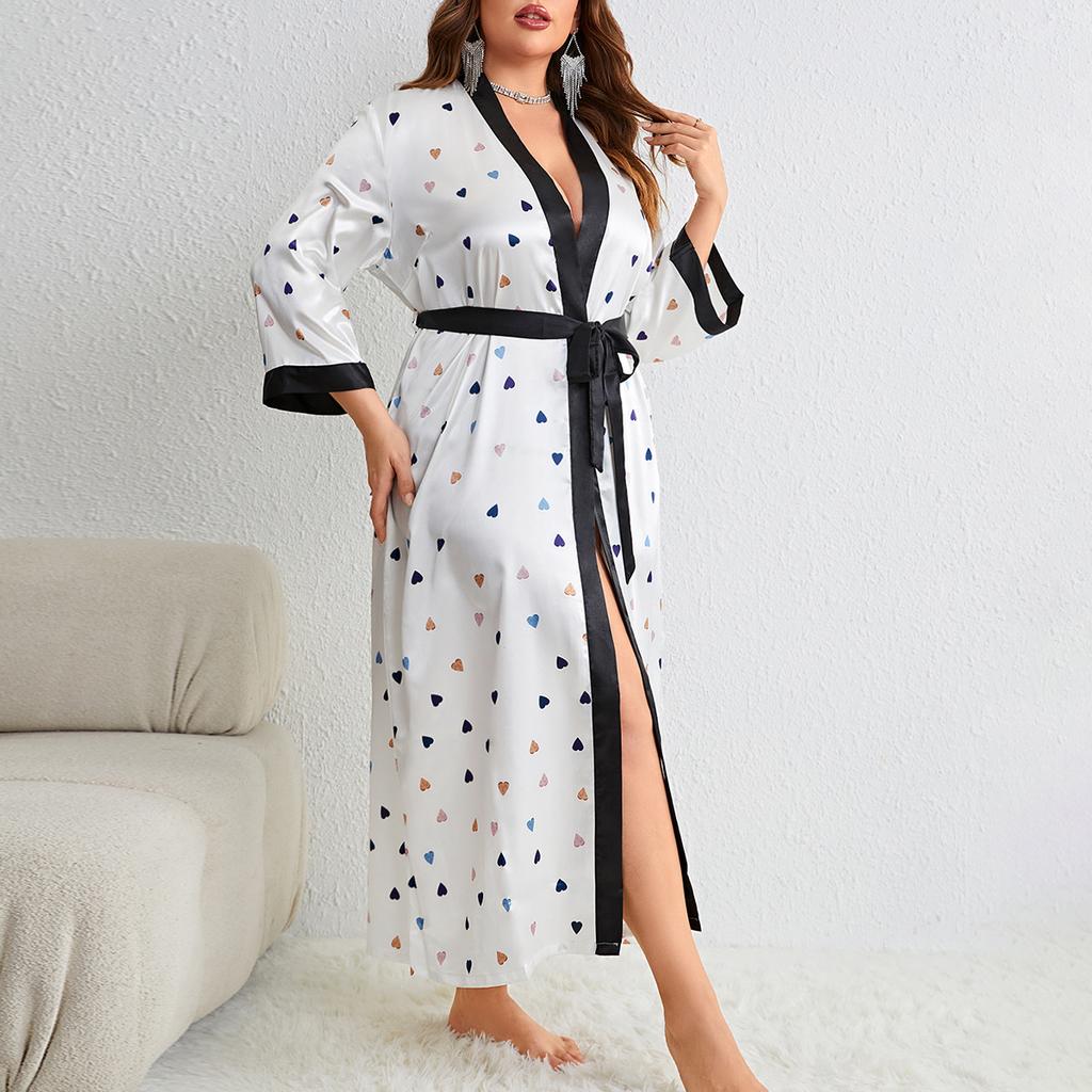Plus Size Nightgown Fashion Casual Loose Printed Long Simulation Silk Sexy Sleeping Robe