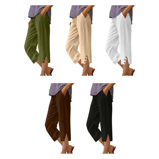 Women Cropped Pants Elastic Waist Wide Leg Beach Pants with Pockets Solid Color Casual Loose Fit Pants
