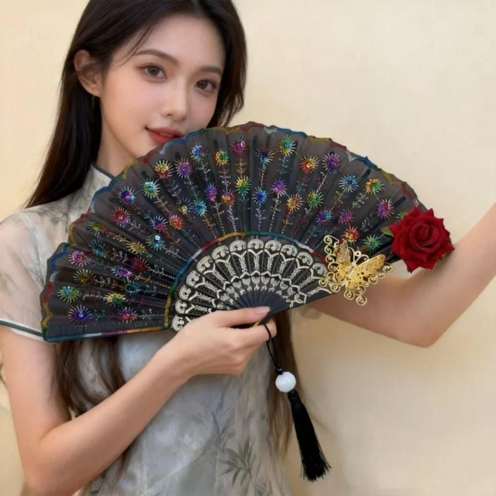 Sequin Decorated Spanish Handheld Fan Embroidered Flamenco Dance Fan New Gothic Dance Fan