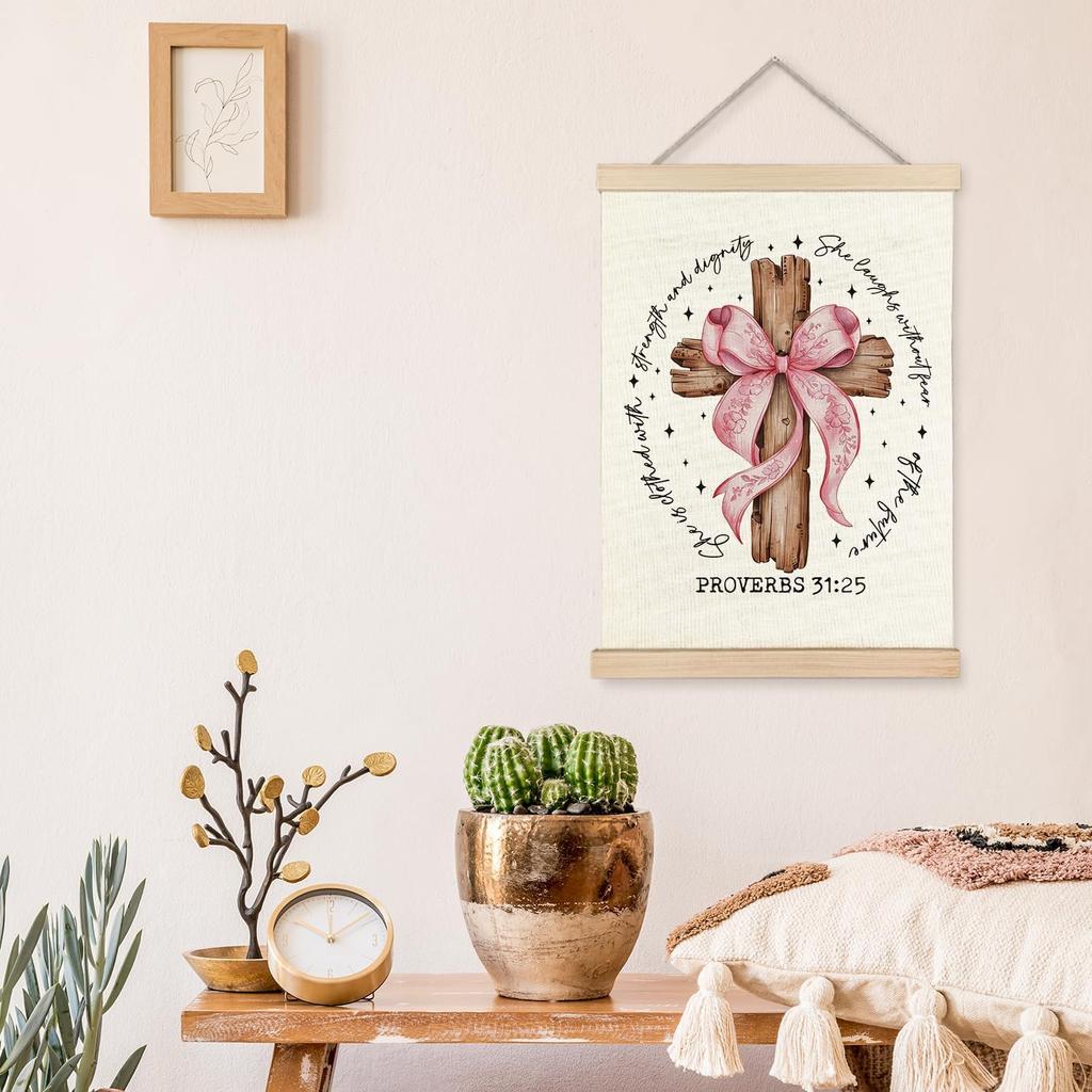 YTRGI Pink Bow Cross Christian Proverbs 31: 25 Wall Art Decor, Proverbs 31 Bible Wall Art, Proverbs 31 Woman Gifts, Bible Verse Religious Poster